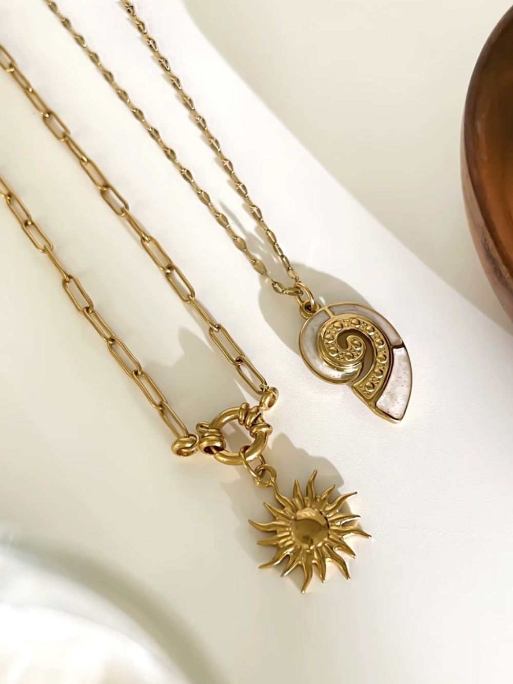 Gold Sunflower & White Enamel Conch Pendant Necklace